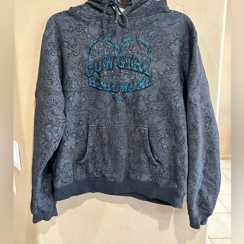 Cowgirl Hardware Black Grey Paisley Hoodie Blue Logo Rhinestones Bling Heart M - Picture 14 of 15